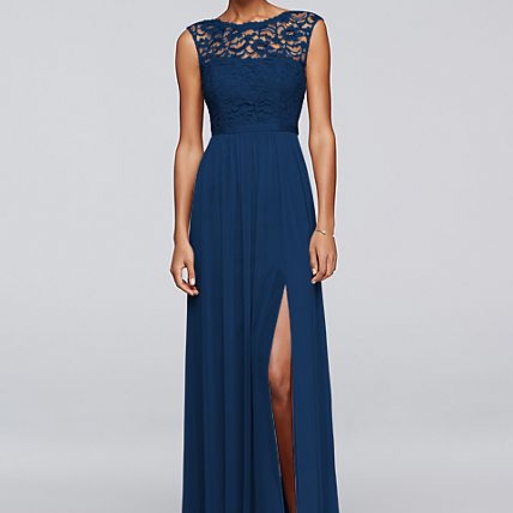 David’s Bridal Long Bridesmaid Dress with Lace Bodice in Marine